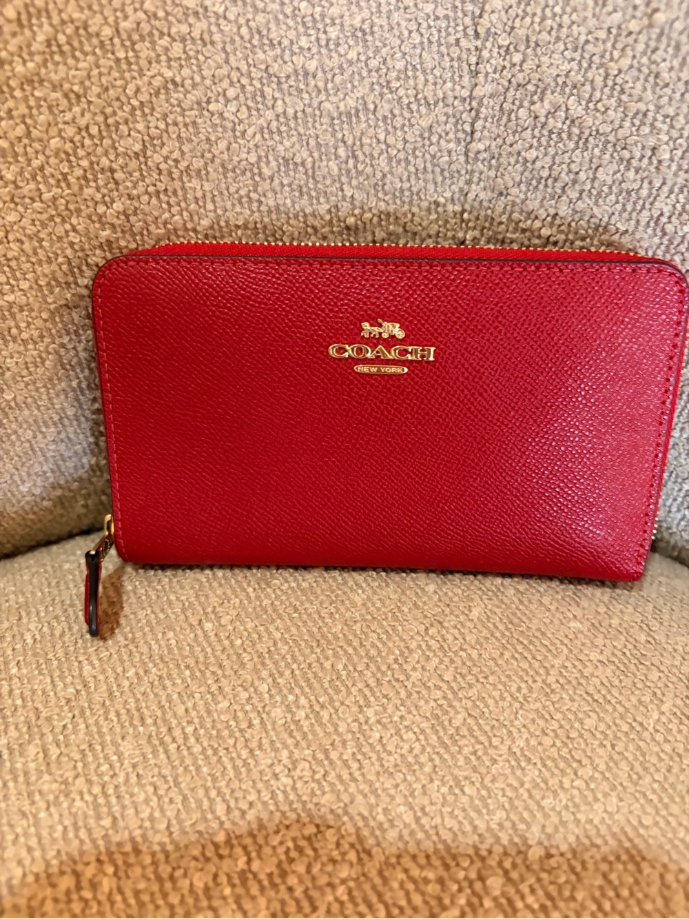 Coach Red Zip Around Wallet with Gold Logo